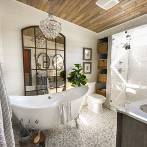 Master bathroom farmhouse bath clawfoot tub wood ceiling