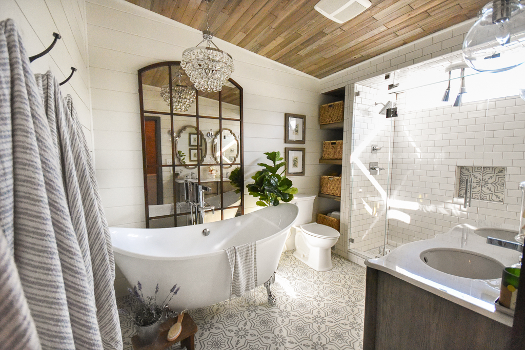 Master bathroom farmhouse bath clawfoot tub wood ceiling