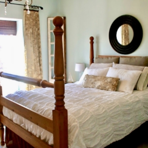 brown and blue bedroom