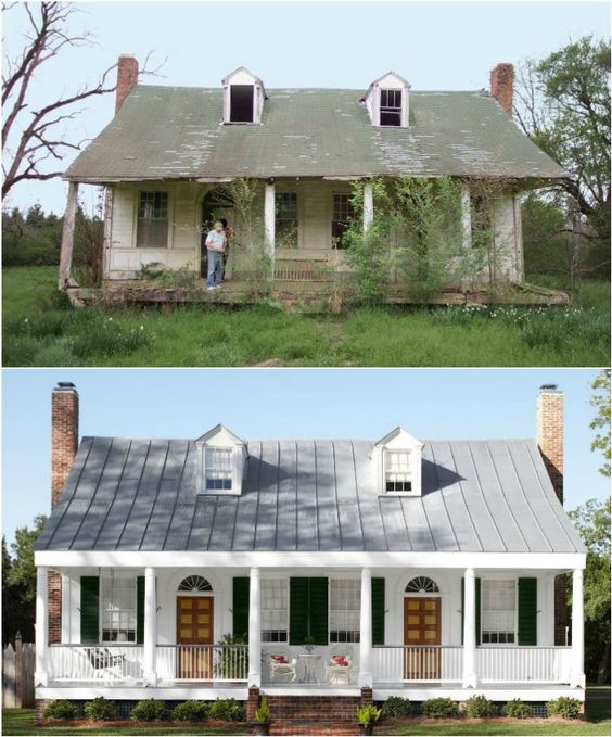 Country home renovation tin roof white farmhouse before and after