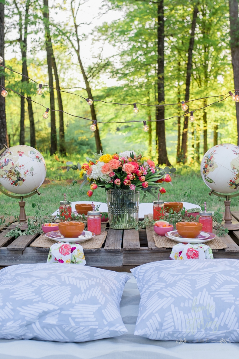 Entertaining Outdoors Using String Lights - Beautiful Chic Bobo Outdoor Table Setting by Home Stories A to Z
