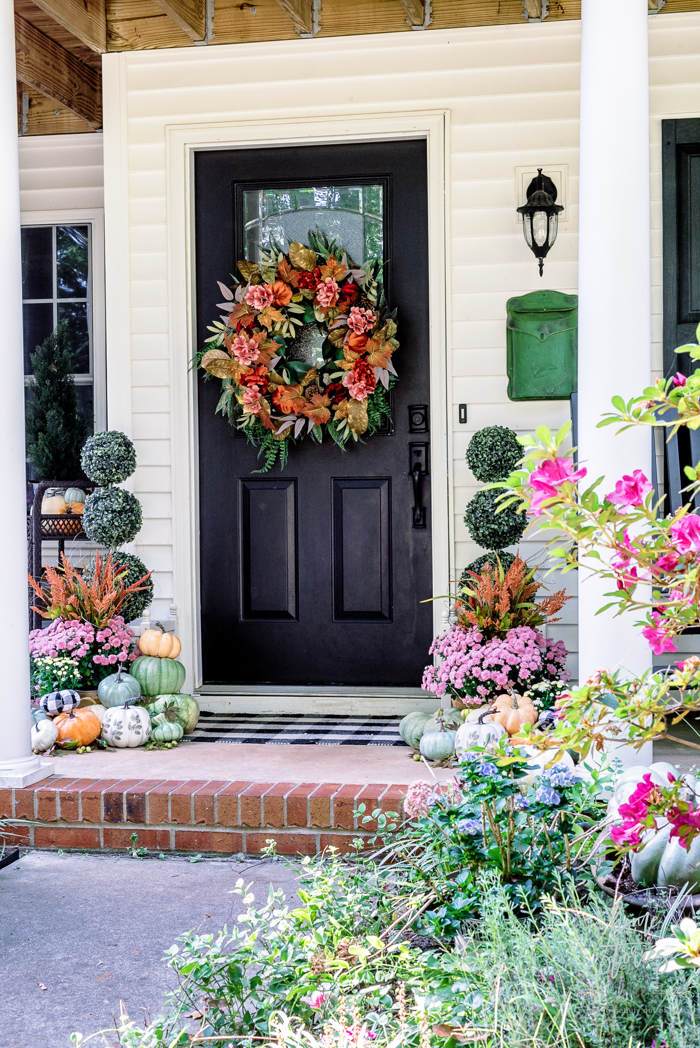 beautiful pink, green, and orange autumn fall porch