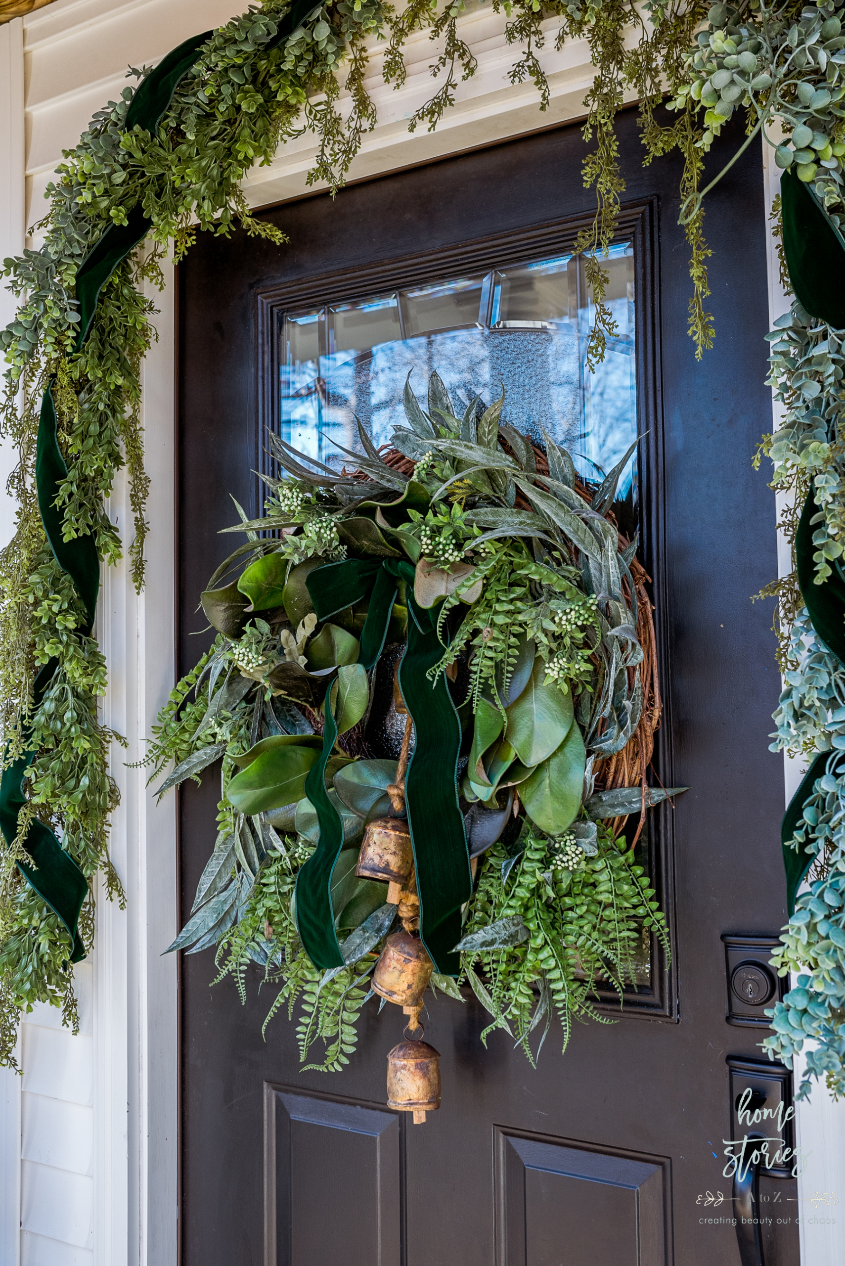 Mixed Greens Christmas Porch Wreath Green Velvet Bow