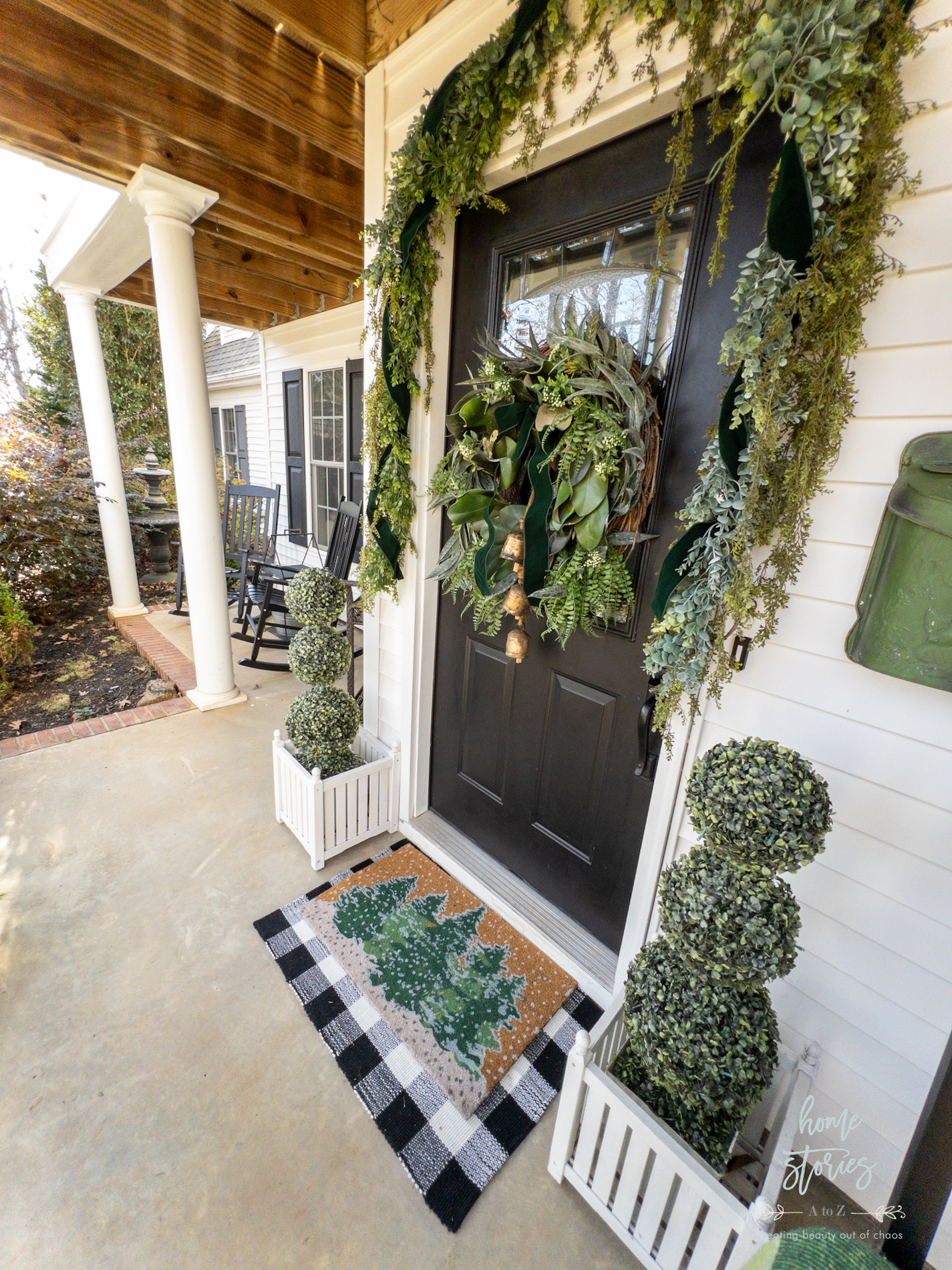 Mixed Greens Christmas Porch Wreath Green Velvet Bow