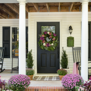 pink purple fall porch mums and decor