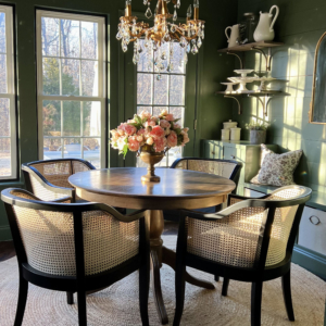 backwoods green dining room with floral wallpaper