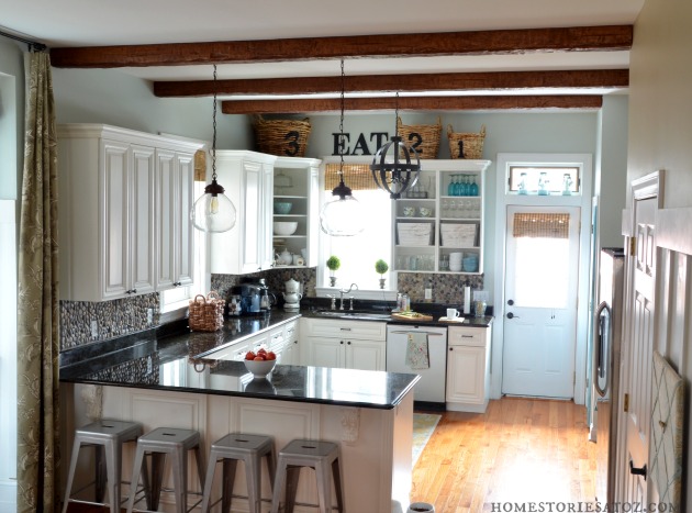 white kitchen with beams
